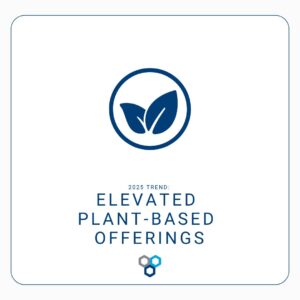 a navy blue plant icon is above a headline that reads: 2025 Trend: Elevated Plant-Based Offerings. The DC Norris logo icon is at the bottom on a white background.