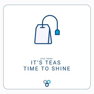 a tea bag icon is on a white background above a headline that reads 2025 trends: It's Teas Time to Shine. The DC Norris logo icon is at the bottom.