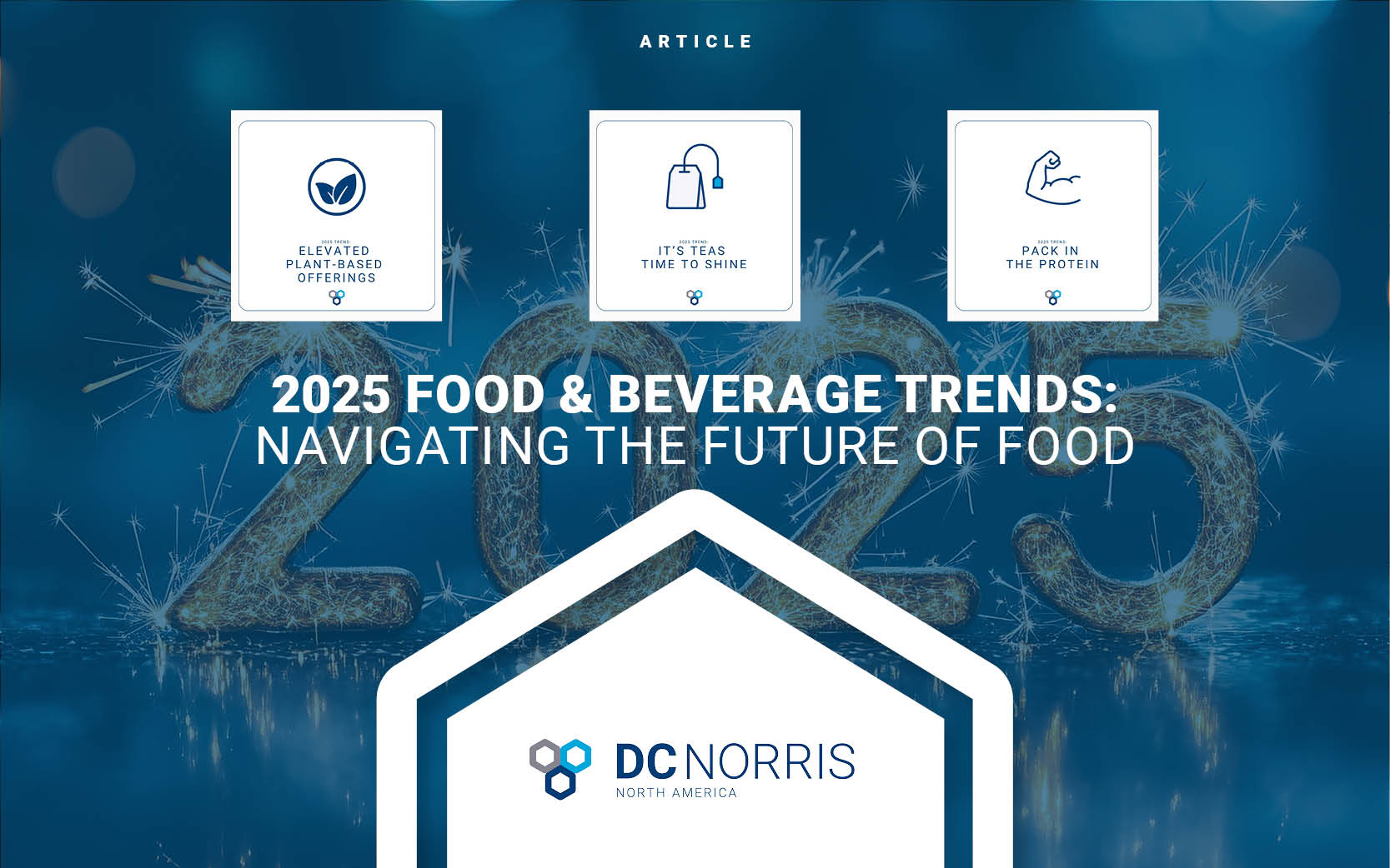 2025 is written out with sparklers in the background with a transparent blue overlay on top. The headline reads: 2025 Food & Beverage Trends: Navigating the Future of Food