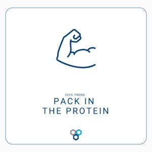 an icon of a flexed bicep is on a white background above a headline that reads: 2025 Trend: Pack in the Protein. The DC Norris logo icon is at the bottom of the page.