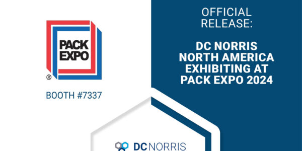 Headline reads "DC Norris North America Exhibiting at Pack Expo 2024" on a dark blue background. Next to the headline is the Pack Expo logo with Booth #7337 next to it. The DC Norris North America logo is at the bottom