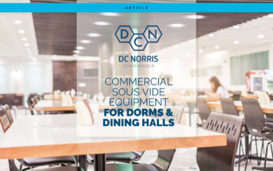 an image of an empty dining hall with a headline that reads 'commercial sous vide equipment for dorms and dining halls"