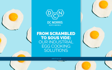 over easy eggs on a bright blue background with an article headline that reads 'from scrambled to sous vide: our industrial egg cooking solutions