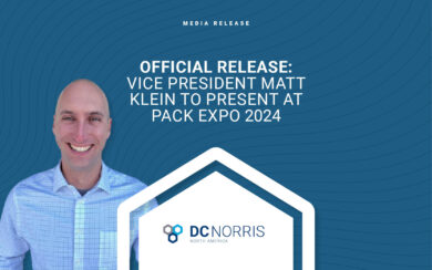 DC Norris North America's Vice President Matt Klein is smiling against a dark blue background. The headline next to him reads: Official Media Release: Vice President Matt Klein to Present at Pack Expo 2024