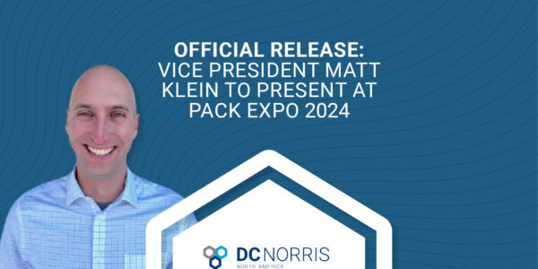 DC Norris North America's Vice President Matt Klein is smiling against a dark blue background. The headline next to him reads: Official Media Release: Vice President Matt Klein to Present at Pack Expo 2024